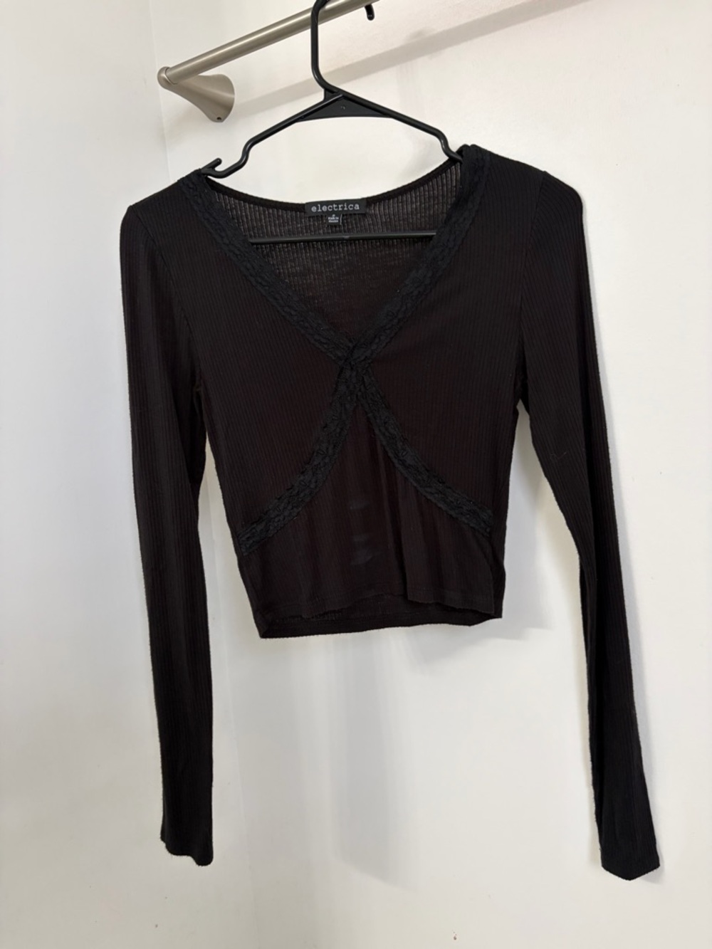 Electric Family Black Ribbed Lace-Trim Long Sleeve Crop Top